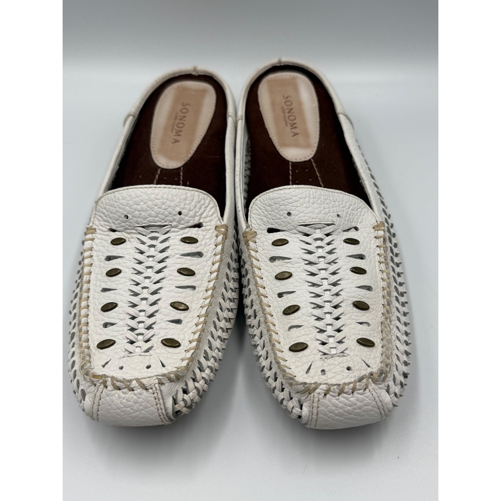 Sonoma Life + Style White Leather Woven Cutout Studded Mule Loafers Womens